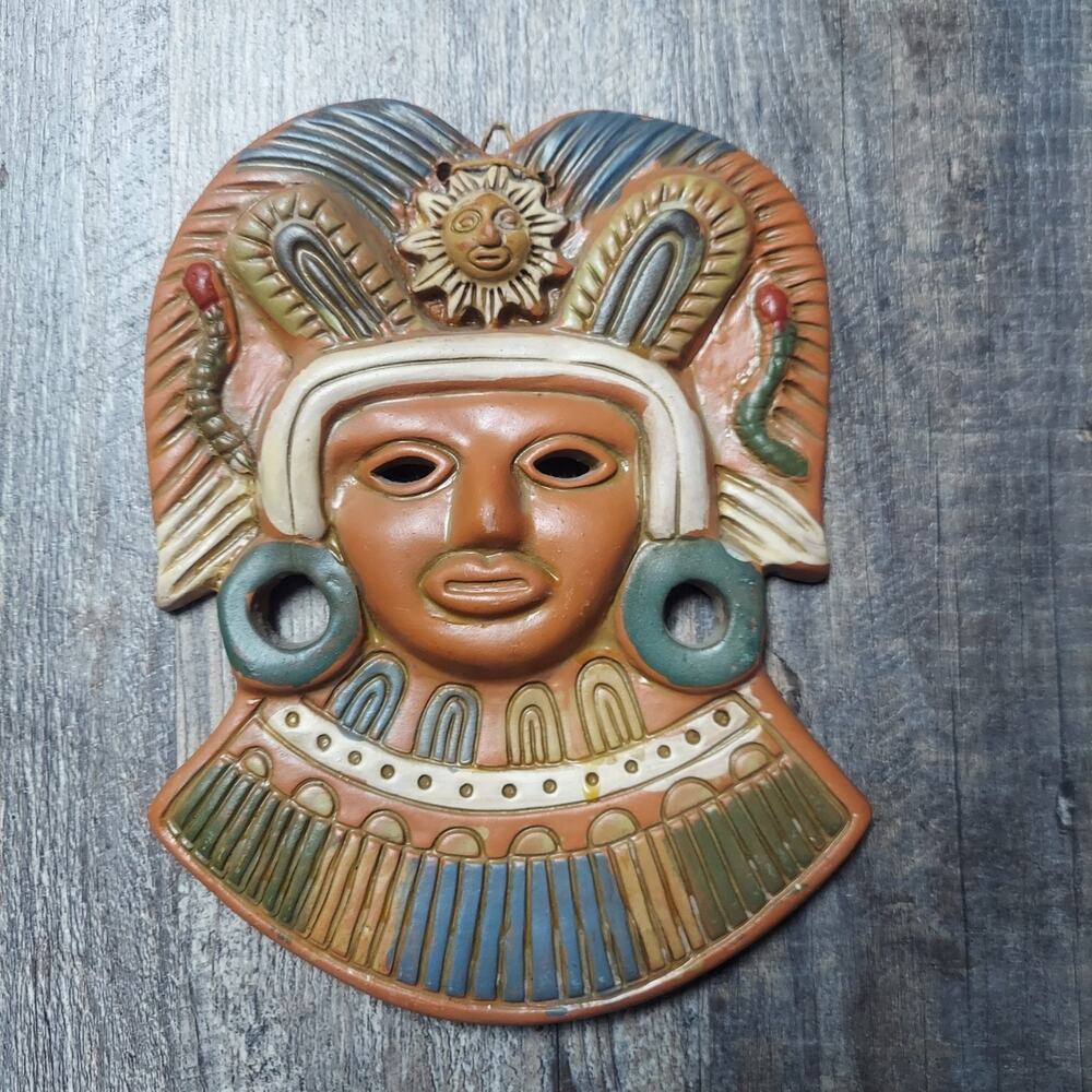 Vintage Mexican Red Clay Sun Folk Art Mayan Mask